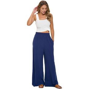 Women Wide Leg Linen Palazzo Pants Regular Waist Boho Flowy Pants with Pockets for Summer Beach Travel Trousers - Made in USA
