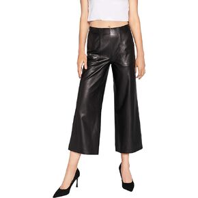 Women's Real Leather Pants High Waist Leather Wide Leg Pants Black SmartUniverseWear