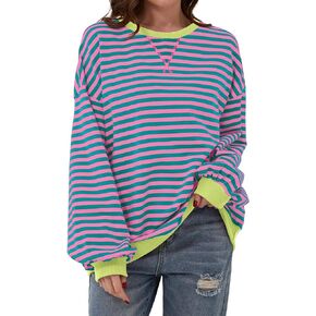 Women Striped Color Block Oversized Sweatshirt Crew Neck Long Sleeve Shirt Pullover Top Casual Loose Fit Sweater
