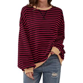Women Striped Color Block Oversized Sweatshirt Crew Neck Long Sleeve Shirt Pullover Top Casual Loose Fit Sweater