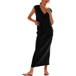 SCUSTY Women's 2 Piece Sweater Skirt Sets Sleeveless V Neck Knit Ribbed Vest Tops Midi Skirt