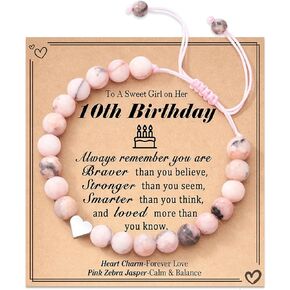 Birthday Heart Bracelets Gifts for 8-12 Year old Girls, Pink Natural Stone Heart Charm Bracelets Gifts for Happy Birthday Girl Daughter Granddaughter Sister Niece