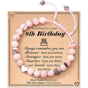 Birthday Heart Bracelets Gifts for 8-12 Year old Girls, Pink Natural Stone Heart Charm Bracelets Gifts for Happy Birthday Girl Daughter Granddaughter Sister Niece