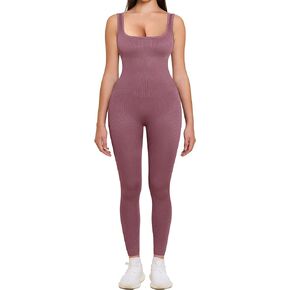 TrainingGirl Women One Piece Jumpsuit Square Neck Workout Bodysuit Ribbed Sleeveless Sports Romper Tummy Control Yoga Bodycon