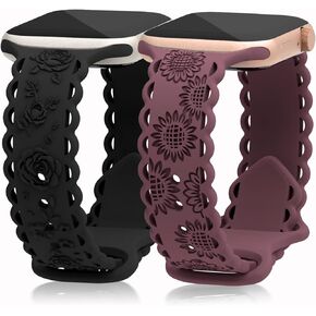2 Packs Floral Engraved Bands Compatible with Apple Watch Band 41mm 40mm 38mm 49mm 45mm 44mm 42mm Women, Cute Soft Lace Silicone Embossed Rose Sunflower Sport Slim Strap for iWatch Series 9 8 7 6 5 4 3 2 1 SE Ultra 2