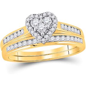 Solid 10K Yellow Gold Real Natural Diamond Heart Bridal Matching Engagement Ring Wedding Band Set 1/2 Carat (.49 Cttw)