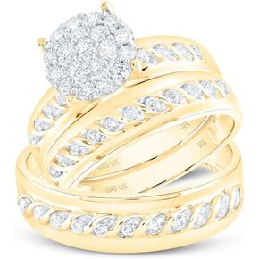 His and Hers Bridal Womens and Mens Engagment and Wedding Band Complete Trio Matching Wedding Rings Set 10K Yellow Gold Round Diamond Cluster 3/4 Cttw