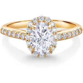 10K Yellow Gold White Moissanite From Charles & Colvard and Lab Grown Diamond Halo Engagement Ring | 1.21 Cttw | Oval 7X5MM | Wedding Anniversary Promise Gold Ring For Women