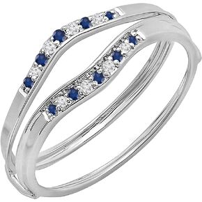 10K Gold Round Blue Sapphire & White Diamond Ladies Anniversary Enhancer Guard Wedding Band