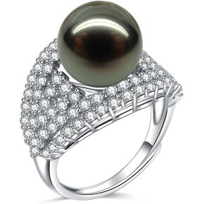 Anniversary Birthday Gift for Wife-Tahitian-Black-Pearl-Rings-Gifts for Women Wedding Mom Her Mothers Day Valentines Day Christmas-18K Gold Plated Sterling Silver Ring Fine Jewelry