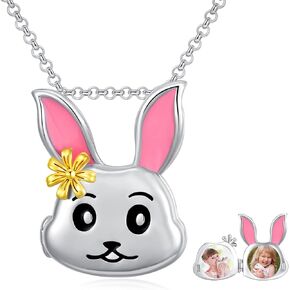 Bunny Necklace for Photo, Rabbit Locket Necklace That Hold 2 Pictures Animal Jewelry Gift for Girl Women