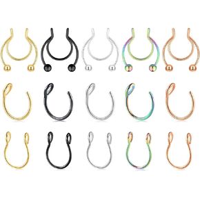 15Pcs 20 Gauge Nose Rings Fake Nose Ring Fake Septum Nose Rings Nose Rings Hoops Nose Jewelry Fake Septum Piercing Nose Rings for Women Men Lip Rings Faux Nose Rings