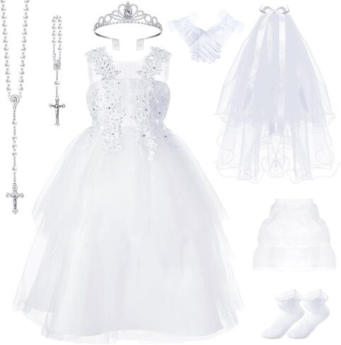 8 Pcs First Communion Dress for Girls Set Includes Wreath Veil with Comb Rhinestone Crown White Satin Gloves Sock Rosary Necklace Bracelet White Skirt Brace First Flower Communion Dress in Saudi Arabia