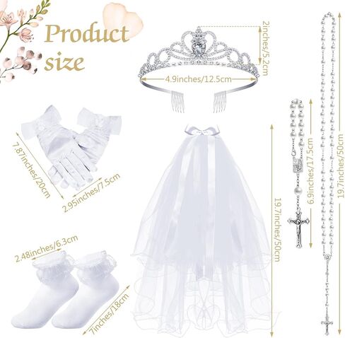 8 Pcs First Communion Dress for Girls Set Includes Wreath Veil with Comb Rhinestone Crown White Satin Gloves Sock Rosary Necklace Bracelet White Skirt Brace First Flower Communion Dress in Saudi Arabia