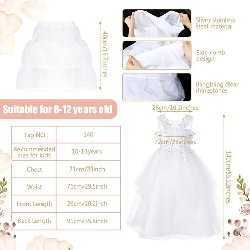8 Pcs First Communion Dress for Girls Set Includes Wreath Veil with Comb Rhinestone Crown White Satin Gloves Sock Rosary Necklace Bracelet White Skirt Brace First Flower Communion Dress in Saudi Arabia