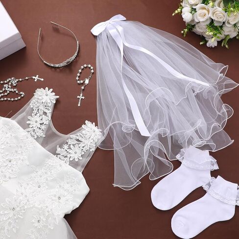 8 Pcs First Communion Dress for Girls Set Includes Wreath Veil with Comb Rhinestone Crown White Satin Gloves Sock Rosary Necklace Bracelet White Skirt Brace First Flower Communion Dress in Saudi Arabia
