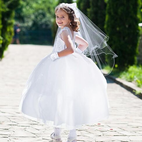 8 Pcs First Communion Dress for Girls Set Includes Wreath Veil with Comb Rhinestone Crown White Satin Gloves Sock Rosary Necklace Bracelet White Skirt Brace First Flower Communion Dress in Saudi Arabia