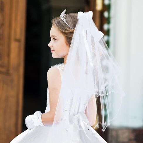 8 Pcs First Communion Dress for Girls Set Includes Wreath Veil with Comb Rhinestone Crown White Satin Gloves Sock Rosary Necklace Bracelet White Skirt Brace First Flower Communion Dress in Saudi Arabia