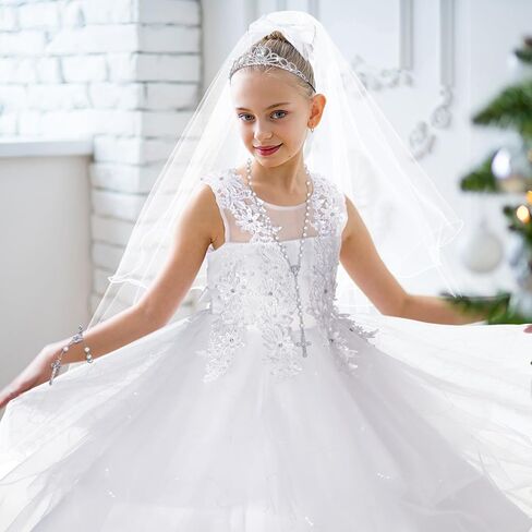 8 Pcs First Communion Dress for Girls Set Includes Wreath Veil with Comb Rhinestone Crown White Satin Gloves Sock Rosary Necklace Bracelet White Skirt Brace First Flower Communion Dress in Saudi Arabia