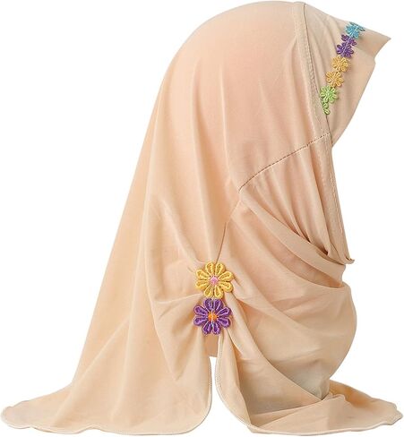 Kids Girls One Piece Muslim Hijab Scarf Floral Lace Hear Wrap Islamic Full Head Scarf Shawls in Saudi Arabia