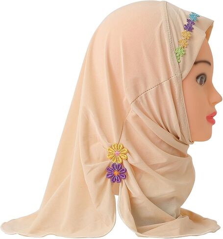 Kids Girls One Piece Muslim Hijab Scarf Floral Lace Hear Wrap Islamic Full Head Scarf Shawls in Saudi Arabia