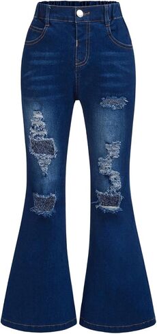 OYOANGLE Girl's Ripped Flared Leg Jeans Streetwear Elastic Waist Bell Bottom Denim Pants in Saudi Arabia