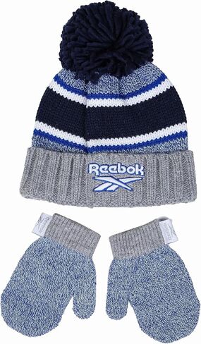 Reebok 2-Piece Baby/Toddler Winter Hat and Mittens Set Warm Knitted Pom Beanie & Gloves Kids Cozy Cold Weather Accessories in Saudi Arabia