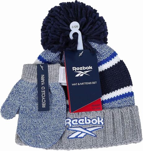 Reebok 2-Piece Baby/Toddler Winter Hat and Mittens Set Warm Knitted Pom Beanie & Gloves Kids Cozy Cold Weather Accessories in Saudi Arabia