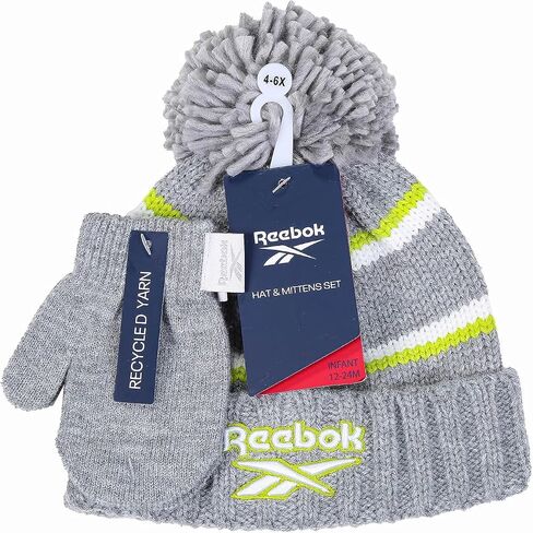 Reebok 2-Piece Baby/Toddler Winter Hat and Mittens Set Warm Knitted Pom Beanie & Gloves Kids Cozy Cold Weather Accessories in Saudi Arabia