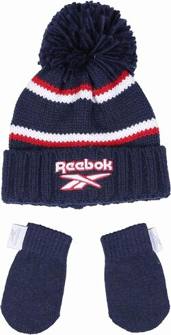 Reebok 2-Piece Baby/Toddler Winter Hat and Mittens Set Warm Knitted Pom Beanie & Gloves Kids Cozy Cold Weather Accessories in Saudi Arabia