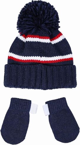 Reebok 2-Piece Baby/Toddler Winter Hat and Mittens Set Warm Knitted Pom Beanie & Gloves Kids Cozy Cold Weather Accessories in Saudi Arabia