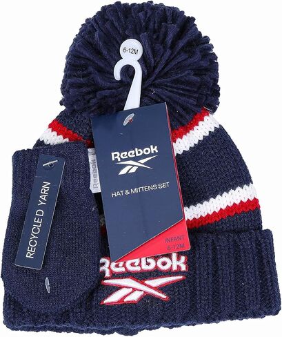 Reebok 2-Piece Baby/Toddler Winter Hat and Mittens Set Warm Knitted Pom Beanie & Gloves Kids Cozy Cold Weather Accessories in Saudi Arabia