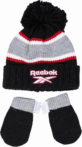 Reebok 2-Piece Baby/Toddler Winter Hat and Mittens Set Warm Knitted Pom Beanie & Gloves Kids Cozy Cold Weather Accessories in Saudi Arabia