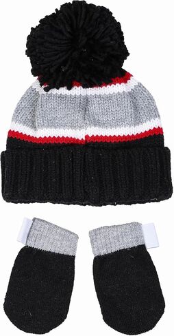 Reebok 2-Piece Baby/Toddler Winter Hat and Mittens Set Warm Knitted Pom Beanie & Gloves Kids Cozy Cold Weather Accessories in Saudi Arabia