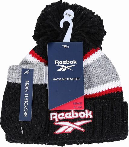 Reebok 2-Piece Baby/Toddler Winter Hat and Mittens Set Warm Knitted Pom Beanie & Gloves Kids Cozy Cold Weather Accessories in Saudi Arabia