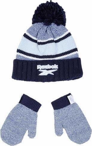Reebok 2-Piece Baby/Toddler Winter Hat and Mittens Set Warm Knitted Pom Beanie & Gloves Kids Cozy Cold Weather Accessories in Saudi Arabia