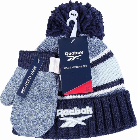 Reebok 2-Piece Baby/Toddler Winter Hat and Mittens Set Warm Knitted Pom Beanie & Gloves Kids Cozy Cold Weather Accessories in Saudi Arabia