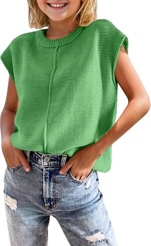 Girls Summer Cap Sleeve Tops Cute Casual Crew Neck Loose Knit Lightweight Teen Sweaters Fashion Pullover Tops in Saudi Arabia