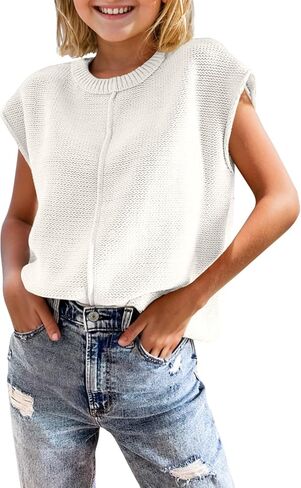 Girls Summer Cap Sleeve Tops Cute Casual Crew Neck Loose Knit Lightweight Teen Sweaters Fashion Pullover Tops in Saudi Arabia