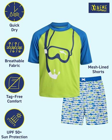 مجموعة الحماية من الطفح الجلدي للأولاد من iXtreme - قطعتان من قميص السباحة بعامل حماية من الأشعة فوق البنفسجية 50+ سريع الجفاف وبدلة استحمام (12M-18) in Kuwait