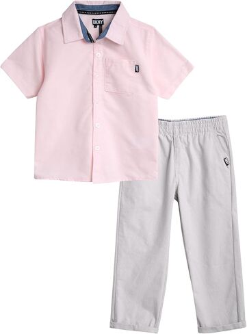 DKNY Boys' Pants Set - 2 Piece Woven Short Sleeve Button Down Shirt and Canvas Pants - Outfit Set for Toddler Boys (2T-7) in Saudi Arabia