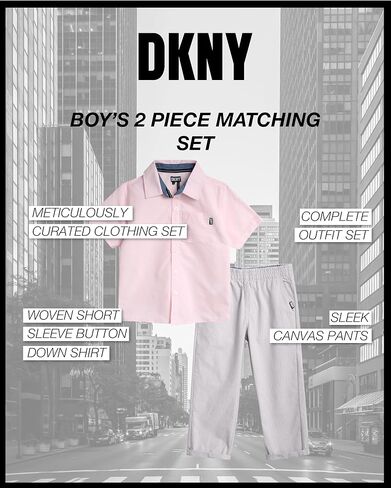 DKNY Boys' Pants Set - 2 Piece Woven Short Sleeve Button Down Shirt and Canvas Pants - Outfit Set for Toddler Boys (2T-7) in Saudi Arabia