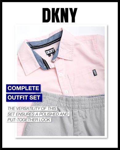 DKNY Boys' Pants Set - 2 Piece Woven Short Sleeve Button Down Shirt and Canvas Pants - Outfit Set for Toddler Boys (2T-7) in Saudi Arabia