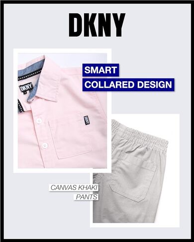 DKNY Boys' Pants Set - 2 Piece Woven Short Sleeve Button Down Shirt and Canvas Pants - Outfit Set for Toddler Boys (2T-7) in Saudi Arabia