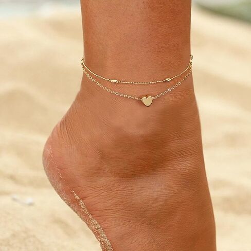 MIDEEO الذهب / الشظية أساور الكاحل للنساء، خلخال الذهب 14K للنساء للماء الكوبية وصلة القلب الخرز متعرجة حجر الراين الخلخال مجموعة الطبقات أساور خلخال للنساء الذهب والمجوهرات هدية in Kuwait