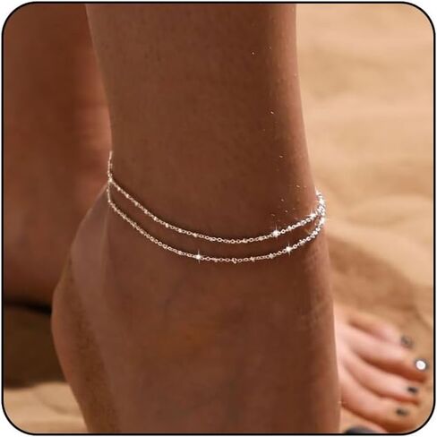 MIDEEO Gold/Sliver Ankle Bracelets for Women,14K Gold Anklets for Women Waterproof Cuban Link Heart Beads Herringbone Rhinestone Anklets Set Layered Anklet Bracelets for Women Gold Jewelry Gift in Kuwait