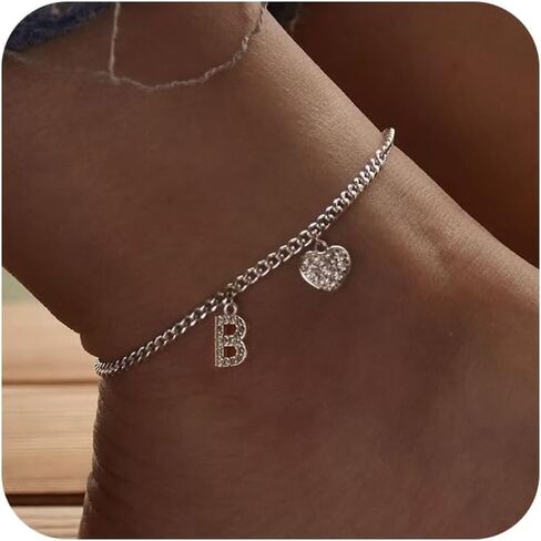 Initial Ankle Bracelets for Women Silver Plated Dainty Cuba Thin Chain Letter Name Anklets Cubic Zirconia Heart Anklets Bracelets Waterproof Minimalist Simple Anklets For Teen Girls Fashion Summer Jewelry Anklet For Women in Kuwait