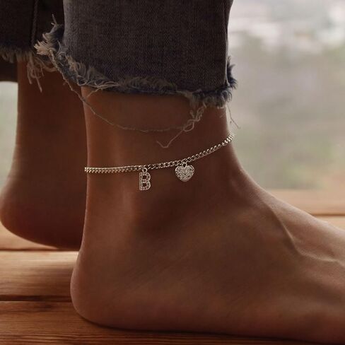 Initial Ankle Bracelets for Women Silver Plated Dainty Cuba Thin Chain Letter Name Anklets Cubic Zirconia Heart Anklets Bracelets Waterproof Minimalist Simple Anklets For Teen Girls Fashion Summer Jewelry Anklet For Women in Kuwait