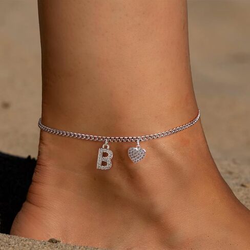 Initial Ankle Bracelets for Women Silver Plated Dainty Cuba Thin Chain Letter Name Anklets Cubic Zirconia Heart Anklets Bracelets Waterproof Minimalist Simple Anklets For Teen Girls Fashion Summer Jewelry Anklet For Women in Kuwait
