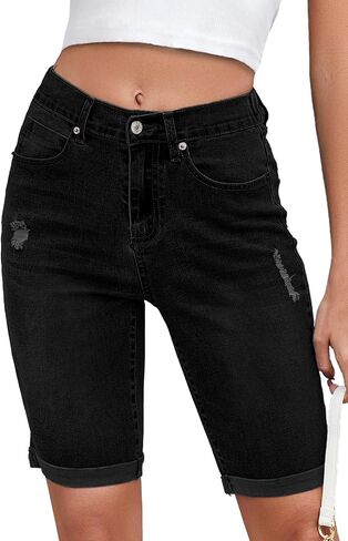 شورت جينز برمودا نسائي عالي الخصر من Metietila بحاشية مطوية وخصر مطاطي وقابل للتمدد in Kuwait